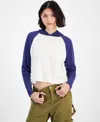 Hippie Rose Juniors' Colorblock Waffle-knit Hoodie In White,navy