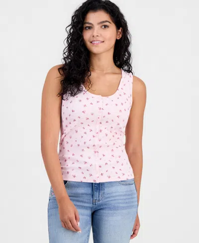 Hippie Rose Juniors' Ribbed Button Front Tank Top In Pink