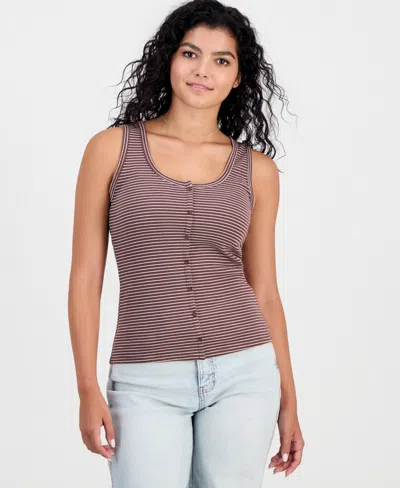 Hippie Rose Juniors' Ribbed Button Front Tank Top In Brown