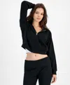 Hippie Rose Juniors' Ribbed Cropped Zip-up Hoodie In Black