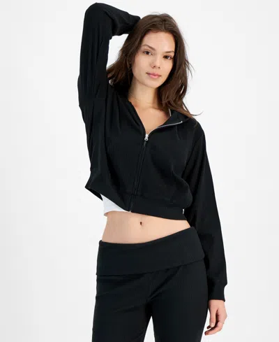 Hippie Rose Juniors' Ribbed Cropped Zip-up Hoodie In Black