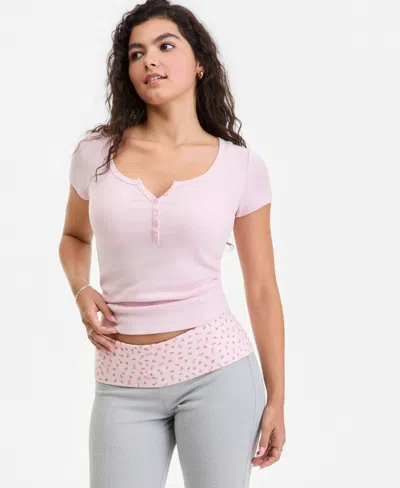 Hippie Rose Juniors' Ribbed Henley Top In Pink