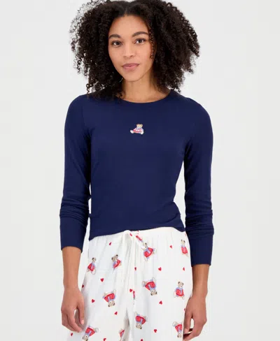 Hippie Rose Juniors' Ribbed Long-sleeve Embroidered Top In Blue