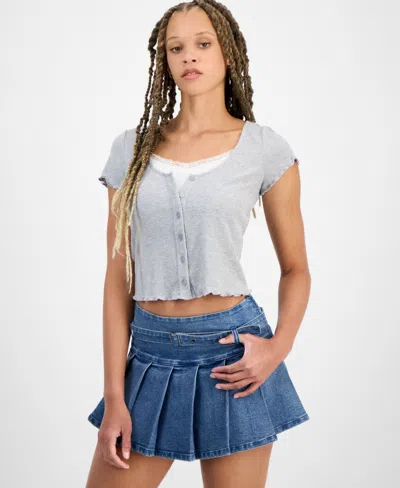 Hippie Rose Juniors' Scoop-neck Lace Layered Tee In Grey,white Combo