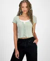Hippie Rose Juniors' Scoop-neck Lace Layered Tee In Sage,white Combo