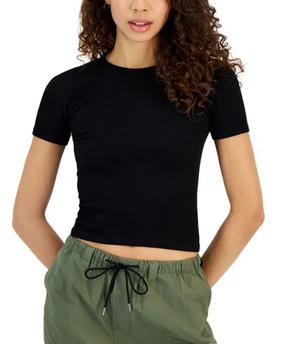 Hippie Rose Juniors' Ribbed Seamless Crewneck Top In Black