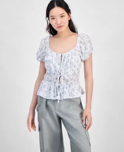 Hippie Rose Juniors' Shirred Tie-front Peasant Top In White
