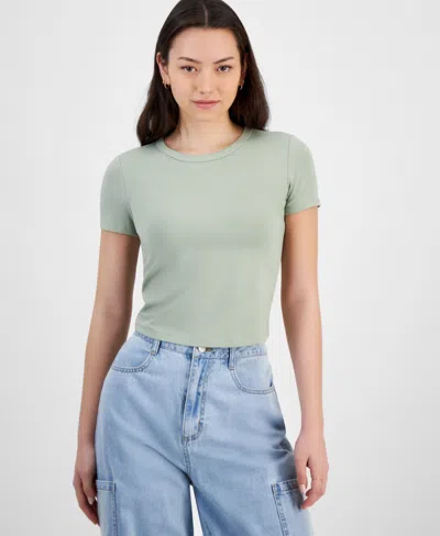 Hippie Rose Juniors' Short-sleeve Cropped T-shirt In Desert Sage