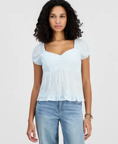 Hippie Rose Juniors' Short-sleeve Embroidered Sweetheart-neck Babydoll Top In Blue