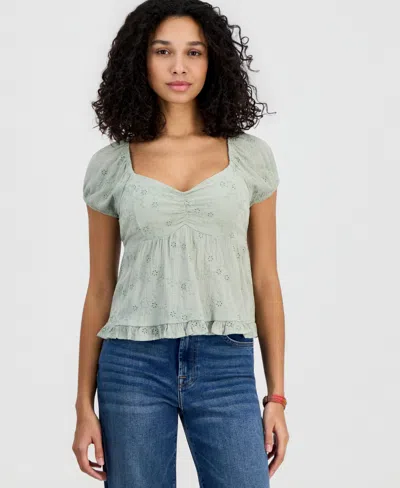 Hippie Rose Juniors' Short-sleeve Embroidered Sweetheart-neck Babydoll Top In Green