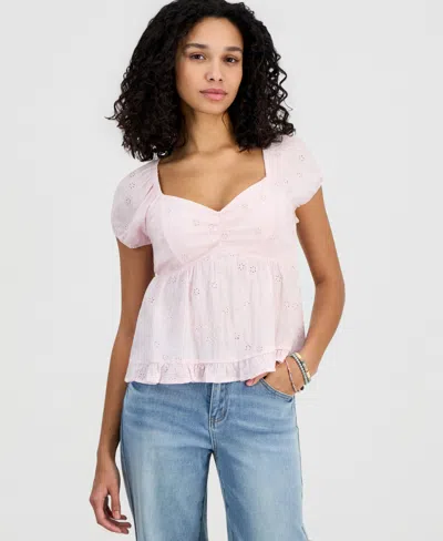 Hippie Rose Juniors' Short-sleeve Embroidered Sweetheart-neck Babydoll Top In Pink