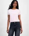 Hippie Rose Juniors' Short-sleeve Faux-pearl Cardigan In Pink