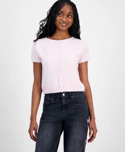 Hippie Rose Juniors' Short-sleeve Faux-pearl Cardigan In Pink