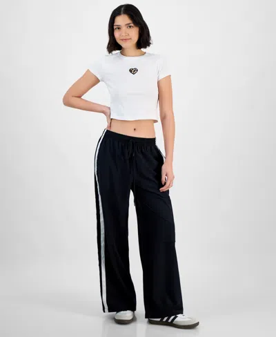 Hippie Rose Juniors' Side-stripe Wide-leg Track Pants In Black