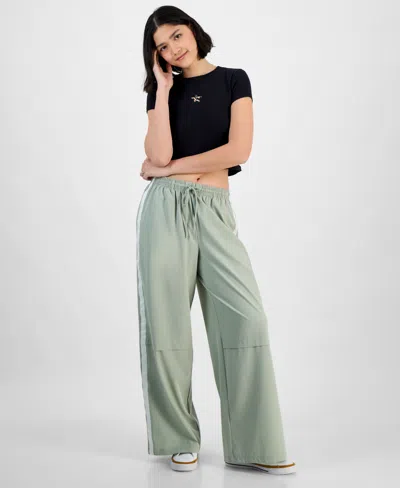Hippie Rose Juniors' Side-stripe Wide-leg Track Pants In Sage