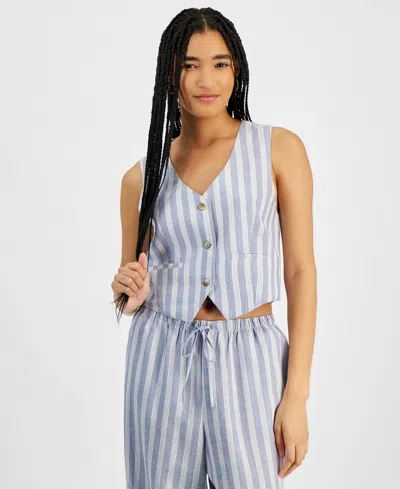 Hippie Rose Juniors' Sleeveless Linen Vest In Blue Stripe