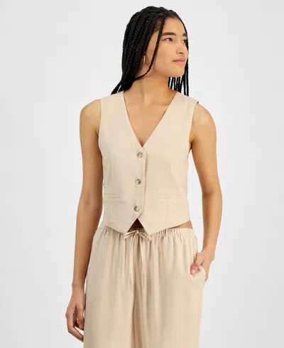 Hippie Rose Juniors' Sleeveless Linen Vest In Warm Sand