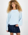 Hippie Rose Juniors' Slouchy Balloon-sleeve Crewneck Sweater In Blue