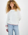 Hippie Rose Juniors' Slouchy Balloon-sleeve Crewneck Sweater In White