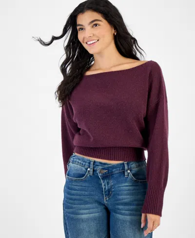 Hippie Rose Juniors' Slouchy Pullover Long-sleeve Off-the-shoulder Sweater In Mauve Wine