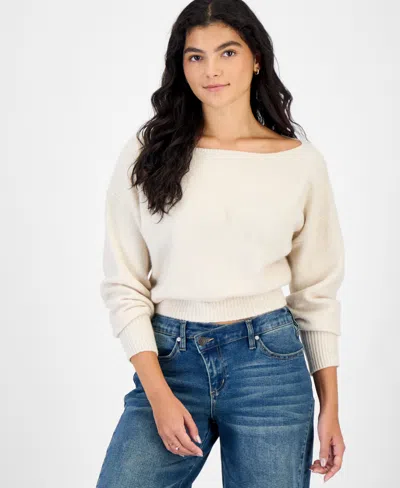 Hippie Rose Juniors' Slouchy Pullover Long-sleeve Off-the-shoulder Sweater In Oat Milk