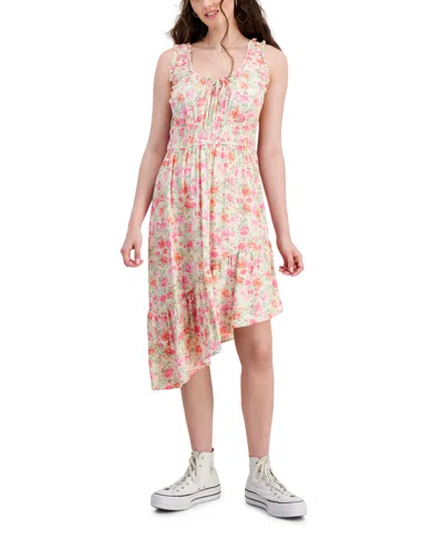 Hippie Rose Juniors' Smocked Asymmetrical Hem Midi Dress In Bone Floral