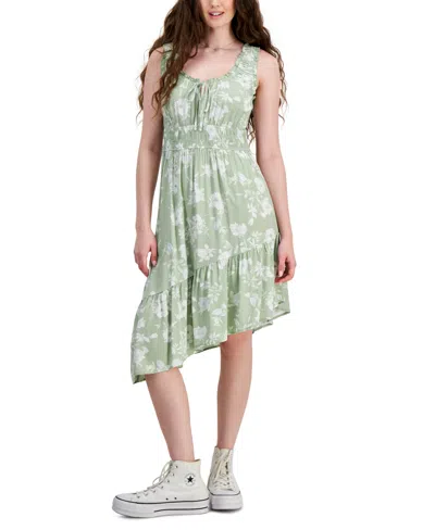 Hippie Rose Juniors' Smocked Asymmetrical Hem Midi Dress In Sage Floral