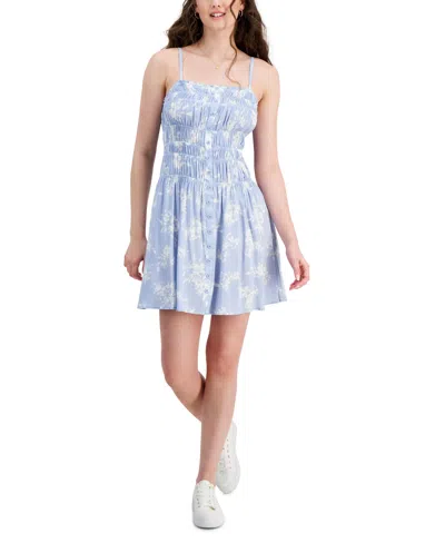 Hippie Rose Juniors' Smocked Button-front Dress In Light Blue