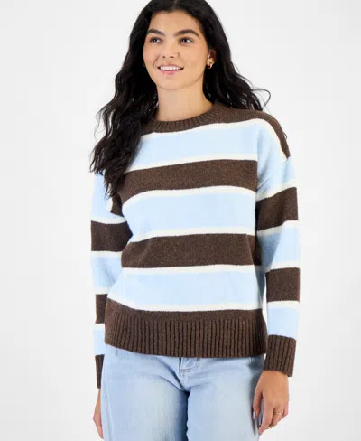 Hippie Rose Juniors' Stripe Oversized Crewneck Drop-shoulder Sweater In Blue