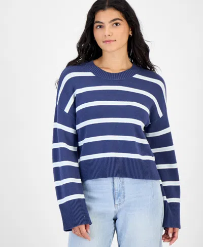Hippie Rose Juniors' Striped Drop-shoulder Crewneck Pullover Sweater In Blue