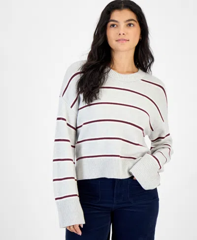 Hippie Rose Juniors' Striped Drop-shoulder Crewneck Pullover Sweater In Gray