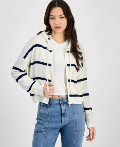 Hippie Rose Juniors' Striped Hoodie Sweater In White,navy