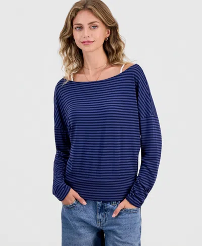 Hippie Rose Juniors' Striped Layered-look Dolman-sleeve Top In Blue,navy Stripe