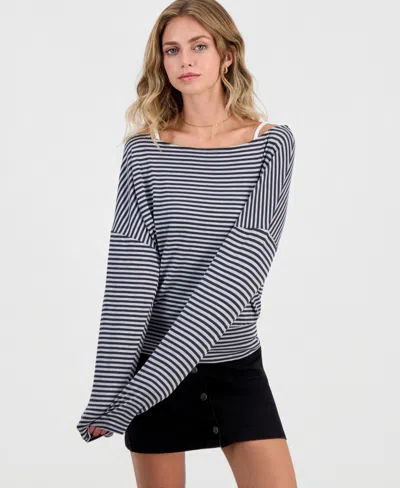 Hippie Rose Juniors' Striped Layered-look Dolman-sleeve Top In Grey,charcoal Stripe