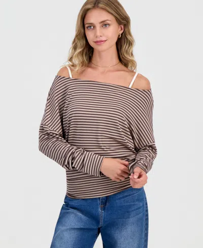 Hippie Rose Juniors' Striped Layered-look Dolman-sleeve Top In Mocha,brown Stripe