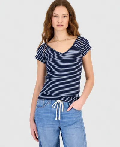 Hippie Rose Juniors' Striped Ribbed Knit Top In Multi