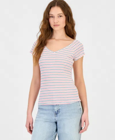 Hippie Rose Juniors' Striped Ribbed Knit Top In Multi