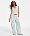 Hippie Rose Juniors Striped Vest Striped Wide Leg Drawstring Pants In Navy