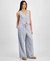Hippie Rose Juniors' Striped Wide-leg Drawstring Linen-blend Pants In Blue Stripe