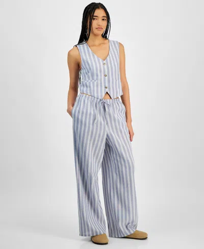 Hippie Rose Juniors' Striped Wide-leg Drawstring Linen-blend Pants In Blue Stripe
