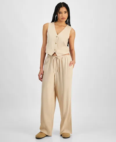 Hippie Rose Juniors' Striped Wide-leg Drawstring Linen-blend Pants In Warm Sand