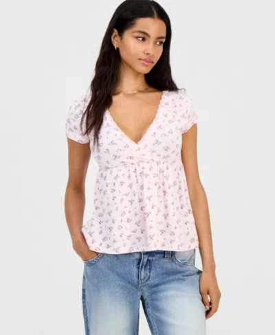 Hippie Rose Juniors' Surplice-neck Babydoll Top In Pink