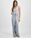 Hippie Rose Juniors' Striped Wide-leg Drawstring Linen-blend Pants In Oregano Stripe