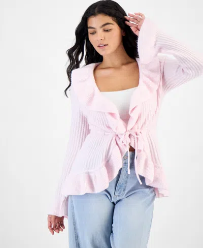 Hippie Rose Juniors' Tie Front Ruffle Cardigan In Pink