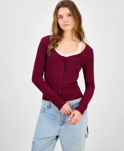 Hippie Rose Juniors' Two-piece Camisole & Cardigan Top In Burgundy