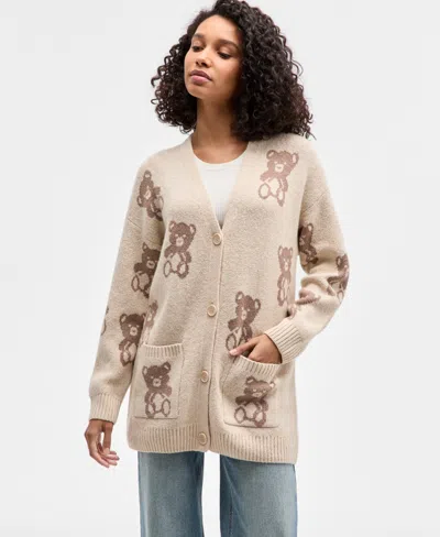 Hippie Rose Juniors' V-neck Button Front Teddy Long Cardigan In Brown