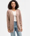 Hippie Rose Juniors' V-neck Button Front Teddy Long Cardigan In Brown