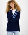 Hippie Rose Juniors' V-neck Cable-knit Sweater In Blue