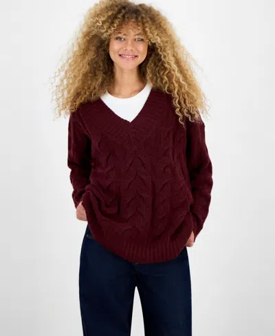 Hippie Rose Juniors' V-neck Cable-knit Sweater In Burgundy