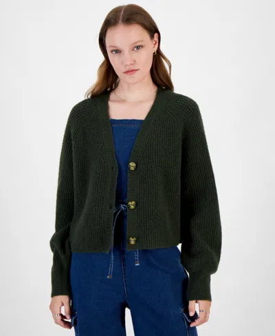 Hippie Rose Juniors' V-neck Button Front Cropped Cardigan In Camo Green